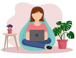 The girl works at home. Work at home. Flat vector illustration