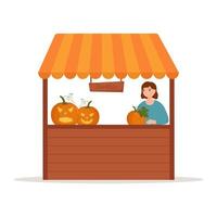 Stall Counters. Food market counter with pumpkins on shelves. Kiosk on white background vector