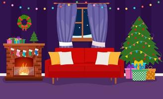 interior de la sala de navidad. árbol de navidad, regalo, chimenea y decoración. vector