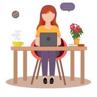 The girl works at home. Work at home. Flat vector illustration