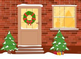 Christmas door with decorations. Winter front door vector