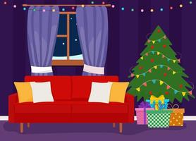 interior de la sala de navidad. árbol de navidad, regalo y decoración. vector