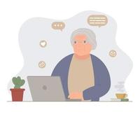 Happy grandma with laptop. Old woman using computer to communicate on the internet vector