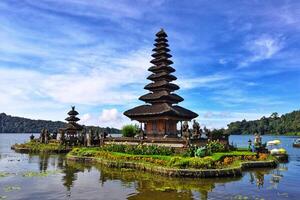 temple with lakes and hills and clear sky photo