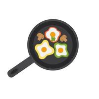 Fried egg in a pan with vegetables. Flat vector illustration.