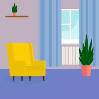 Cozy living room with yellow sofa. FLat vector illustration
