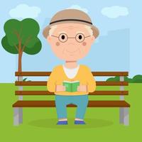 Grandpa sits on a bench in the park and reads a book vector