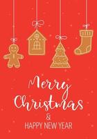 feliz navidad y tarjeta de año nuevo. galletas de jengibre. Ilustración de diseño de tarjeta de invierno para saludos, invitación. vector
