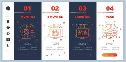 aprendizaje de idiomas incorporando pantallas de aplicaciones móviles con precios de servicio. plantillas de páginas de sitios web de recorridos. cursos de lengua extranjera planes tarifarios pasos. diseño de página web de pago de teléfono inteligente vector