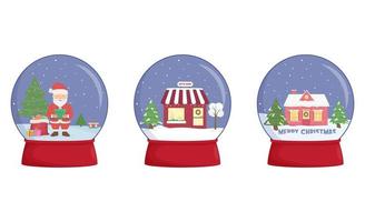 Set of snow globes with a town. Winter wonderland scenes in a snow globe. vector
