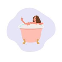 Young girl taking a bath. Flat vector illustration