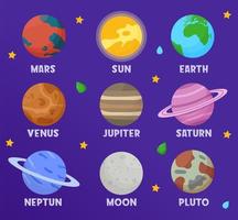 Different types of planets in the solar system. Space. Flat vector illustration