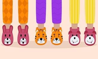 conjunto de pantuflas de pijama para niños. pies de niños en zapatillas divertidas. fiesta de pijamas. vector