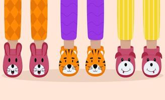 Set of children pajama slippers. Children feet in funny slippers. Pajama party. vector