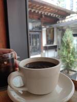 black coffee in a cup against a background of plants photo