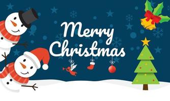 Merry Christmas landscape with christmas tree and cute snowman vector on dark background.