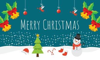 Merry Christmas landscape with christmas tree and snowman vector on dark background.