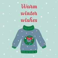 Warm winter wishes text and knitted sweater with christmas wreath. vector