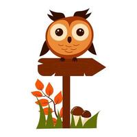 Cute owl is sitting on the wooden sign. vector