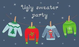 Ugly sweater party text and sweaters hanging on clothespins. vector
