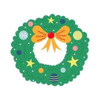 Christmas wreath decorated with  balls, bow, stars and snow. vector