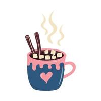 Mug of hot drink with cinnamon and marshmallows. vector