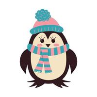 lindo bebé pingüino con sombrero y bufanda. vector