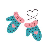 Warm knitted mittens with hearts. vector