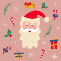 Santa Claus head with gifts, candy canes, holly, fir twigs and snowflakes. vector