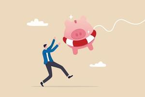 Emergency fund or money to help in crisis situation, savings for unexpected expense or losing job, emergency loan concept, happy businessman catching piggybank with lifebuoy as life support in crisis. vector