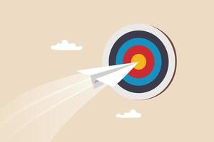 Business goal or target, challenge or improvement to achieve success, win business competition or motivation concept, paper plane origami flying through dartboard or archer bullseye target. vector