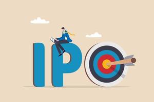 IPO, initial public offering, company go public in stock market, investment opportunity or make profit from new stock concept, businessman trader trading stock on alphabets IPO with bullseye target. vector