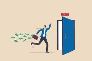 Escape or run away before market drop, best market timing to get away with profit, exit with money to avoid financial crisis concept, businessman investor run away with his profit money to exit door.