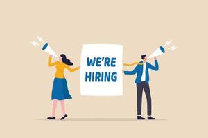 HR recruiting announcement we are hiring advertisement, human resources or employer looking for candidate for job vacancy concept, business people HR with megaphone holding we are hiring sign. vector
