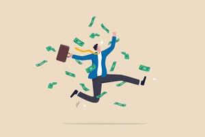 Success businessman achieve financial freedom, happy millionaire with plenty of money and wealth, income or salary increase or career opportunity concept, happy businessman jump high with money rain. vector