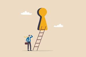 Business opportunity or ladder of success, challenge ahead for career development and personal improvement, motivation and inspiration concept, businessman climbing up ladder through secret keyhole. vector