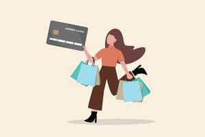 consumismo, gasto excesivo o adicto a las compras que causa deuda de tarjeta de crédito y pobreza, adicción a las compras gasta más que tus ingresos, mujer joven feliz sosteniendo bolsas de compras con pago con tarjeta de crédito. vector