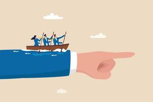 Team direction, business decision or leadership, guidance or strategy to achieve success, determination and inspiration concept, business people team members sailing ship on boss pointing direction. vector