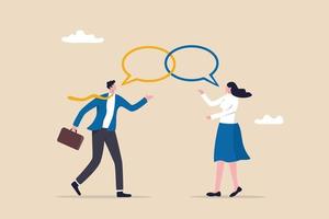 Customer engagement, emotional connection between customer and brand, loyalty, consumer trust or deep relationship concept, businessman represent brand talk with customer as linked speech bubble. vector
