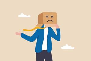 Unhappy employee or unsatisfied customer, depressed from overworked or business failure, anxiety or stressed from work, frustrated businessman covered with cardboard box with unhappy sad face. vector