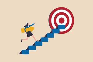 Business progress or career path, step to reach target or business goal, success step or motivation for improvement concept, confidence businesswoman carrying arrow walk up stair to reach target. vector