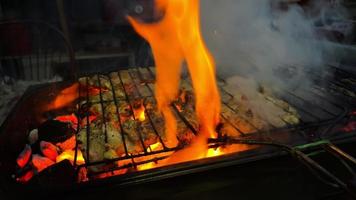 Comida de pollo cruda en el fuego de la barbacoa por la noche