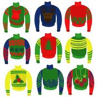 Ugly sweaters set, festive Christmas pullovers with different patterns