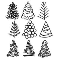 un conjunto de árboles de Navidad estilizados, dibujos de contornos en forma de un árbol festivo de varias formas y líneas simples vector