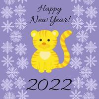 Feliz año nuevo 2022, tarjeta de felicitación con lindo tigre símbolo del año y borde de copo de nieve sobre fondo azul. vector