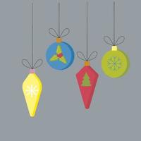 Juego de bolas navideñas de estilo plano con una decoración sencilla de invierno, adornos navideños en colores amarillo, azul, rojo y verde. vector