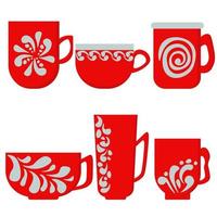 Set of bright cups and mugs, hot drink in a cozy patterned utensils vector
