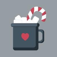 mug with hot drink and marshmallows, Christmas cocoa with marshmallows and red and white caramel cane, cup with decorative heart on the side vector