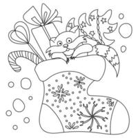 Coloring page with cute christmas raccoon in festive sock, outline illustration with xmas attributes vector
