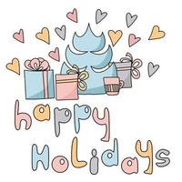 postal de felices fiestas. Trama festiva y acogedora con un árbol de Navidad, regalos, una taza y corazones, inscripción temática en colores rosa y azul. vector